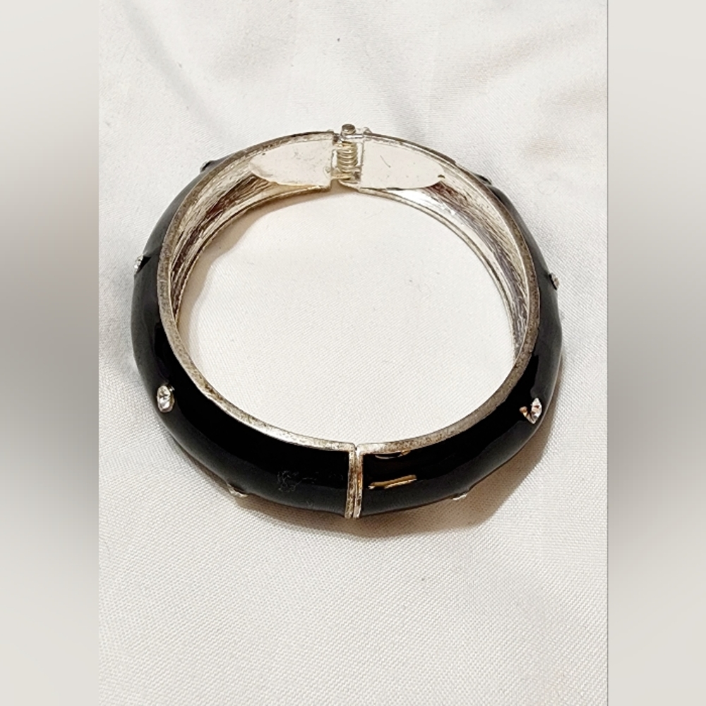 2 Hinge Bangle Bracelets Black Enamel w/Crystals & Bamboo Silvertone w/Crystals - Picture 6 of 13